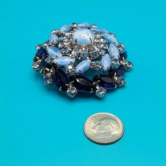 Vintage Blue Domed Rhinestone Brooch Light & Dark Blue Cabochon 1960s - Picture 8 of 11